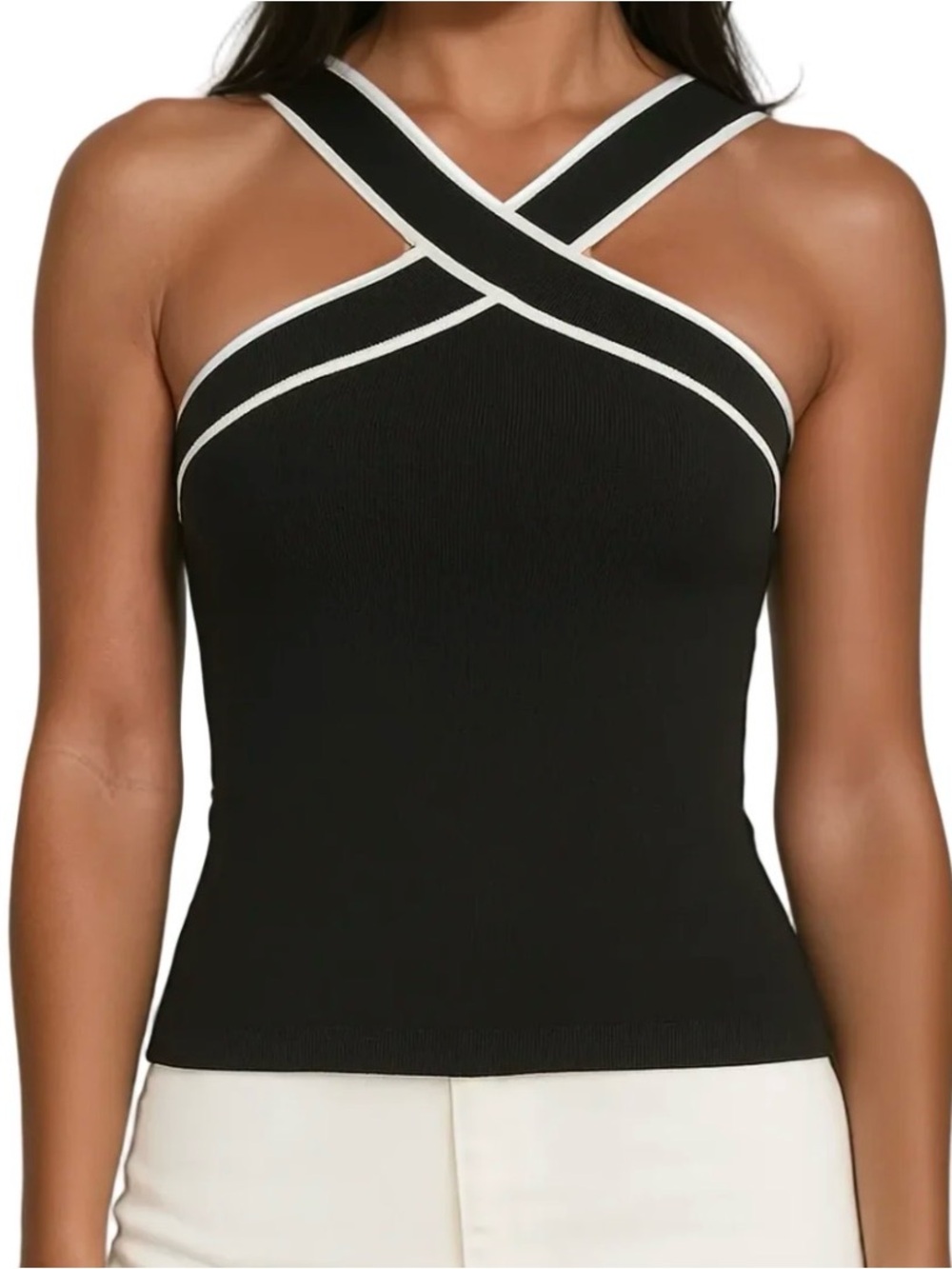 Commense Black Crisscross Tank Top with White Trim